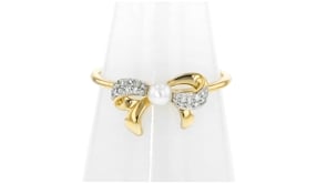 3-3.5mm Cultured Pearl Bow Ring with Diamond Accents in 14kt Yellow Gold