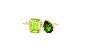 90 Carat Peridot and .50 Carat Chrome Diopside Toi et Moi Ring in 14kt Yellow Gold