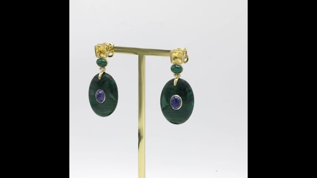 Brinco em Ouro Amarelo com Malaquita Oval Iolita e Citrino