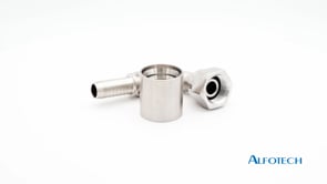 Stainless crimped hose coupling, BSP nut, 90° bend with 60° cone