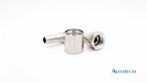 Press coupling f. corrugated PTFE hose w. braid, BSP nut, 90° bend with flat seat