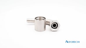 Press coupling f. corrugated PTFE hose w. braid, 90° bend, BSP union nut, 60° cone