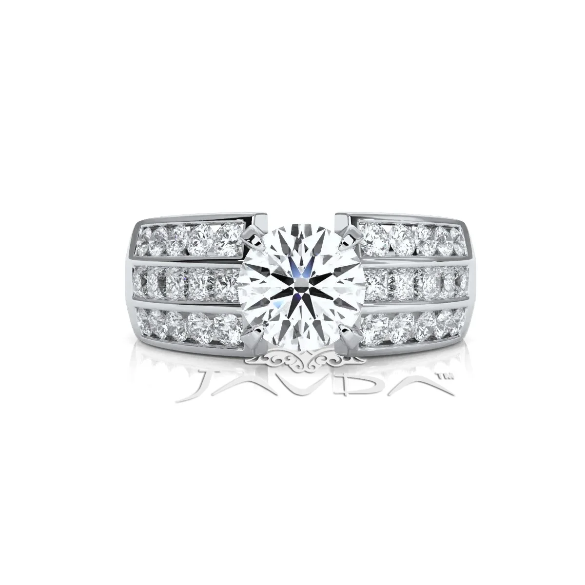 3 Row Channel Set Shank Round Diamond Engagement Ring 14k