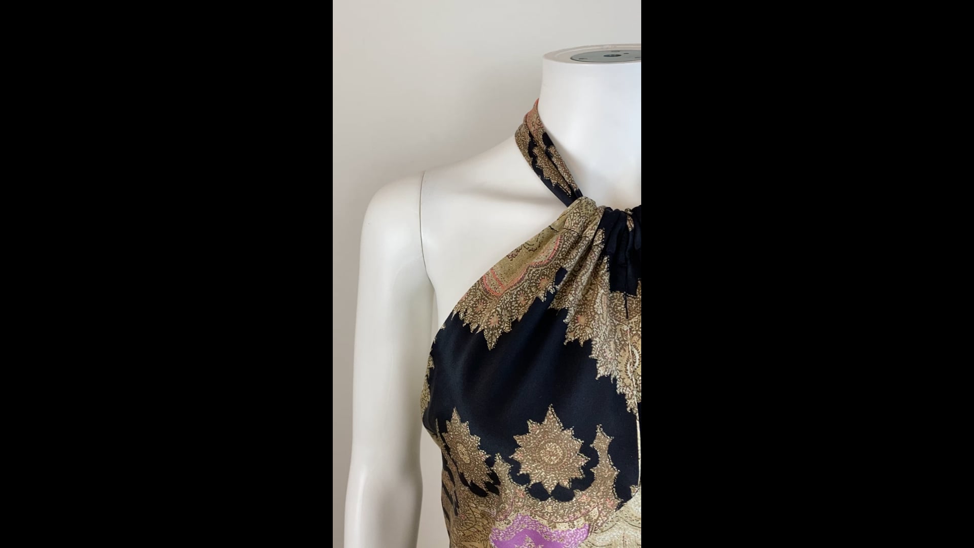 Vintage 2000s Roberto Cavalli Silk Black Coral Gold Halter Dress Gown  Mermaid