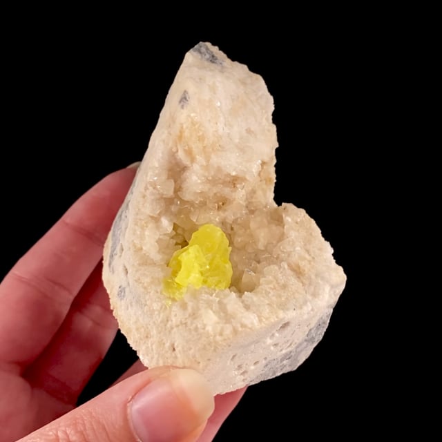 Sulfur on Calcite (drill core) (RARE locality specimen)