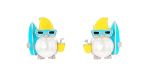 8-8.5mm Cultured Pearl and Multicolored Enamel Surfer Gnome Earrings in Sterling Silver