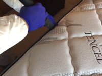 A person using a vacuum cleaner to clean a mattress in an Oswego home