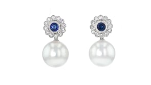 13-13.5mm Cultured South Sea Pearl and .80 ct. t.w. Sapphire Drop Earrings with .53 ct. t.w. Diamonds in 18kt White Gold