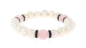 9-10mm Cultured Pearl and Rose Quartz Stretch Bracelet with Purple CZs