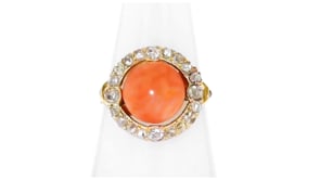 C. 1900 Vintage Coral and .60 ct. t.w. Diamond Ring in 18kt Yellow Gold
