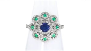 60 Carat Sapphire, .10 ct. t.w. Emerald and .41 ct. t.w. Diamond Ring in Sterling Silver
