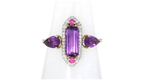 1.90 ct. t.w. Amethyst and .10 ct. t.w. Pink Sapphire Ring with .21 ct. t.w. Diamonds in 14kt Yellow Gold