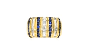 50 ct. t.w. Sapphire and .41 ct. t.w. Diamond Striped Ring in 14kt Yellow Gold