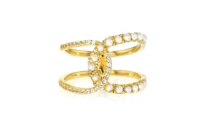 1.75-2.25mm Cultured Pearl and .10 ct. t.w. White Topaz Horseshoe Ring in 18kt Gold Over Sterling