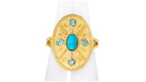 Turquoise and .20 ct. t.w. Sky Blue Topaz Ring in 18kt Gold Over Sterling