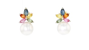 7-7.5mm Cultured Pearl and 1.08 ct. t.w. Multicolored Sapphire Drop Earrings with Diamond Accents in 14kt Yellow Gold