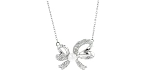 4.5-5mm Cultured Pearl and .11 ct. t.w. Diamond Bow Pendant Necklace in Sterling Silver