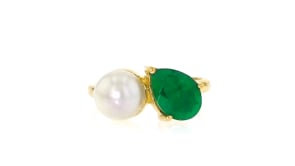 7.5-8mm Cultured Pearl and 2.20 Carat Emerald Toi et Moi Ring in 18kt Gold Over Sterling