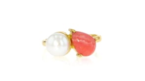 7.5-8mm Cultured Pearl and Pink Rhodochrosite Toi et Moi Ring in 18kt Gold Over Sterling