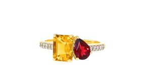 1.70 Carat Citrine and .90 Carat Garnet Toi et Moi Ring with .11 ct. t.w. Diamonds in 14kt Yellow Gold