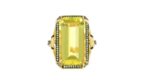18.00 Carat Lemon Quartz and .30 ct. t.w. Tsavorite Ring with Black Enamel in 18kt Gold Over Sterling