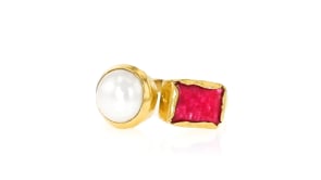 8-8.5mm Cultured Pearl and 1.50 Carat Pink Quartz Toi et Moi Ring in 18kt Gold Over Sterling