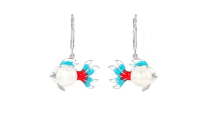 8-8.5mm Cultured Pearl and Multicolored Enamel Fish Drop Earrings with .10 ct. t.w. White Topaz in Sterling Silver