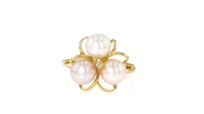 6.5-7mm Multicolored Cultured Pearl Flower Ring with Diamond Accent in 18kt Gold Over Sterling