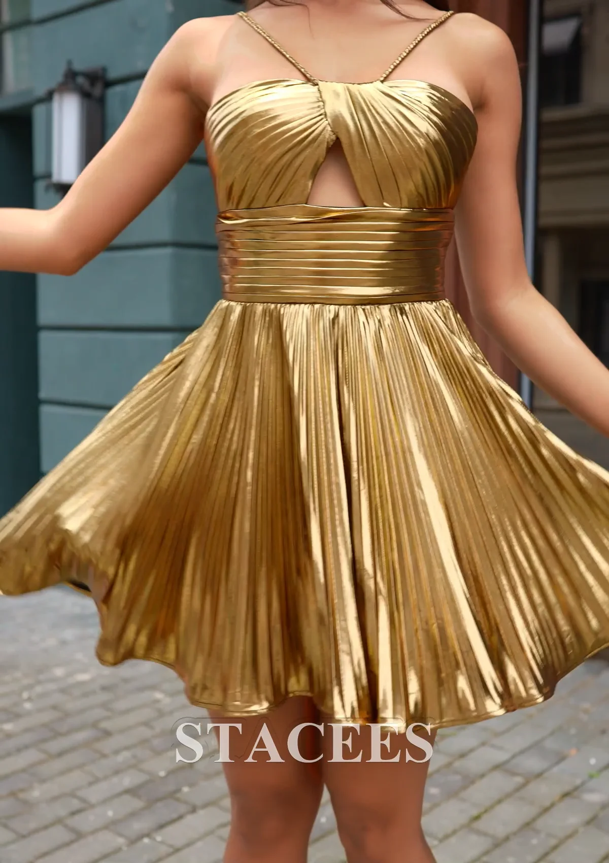 knee length dresses for ladies Gold Pleated Off Shoulder Bubble Hem Strapless Sequin Mini Dress L / Gold main image 0