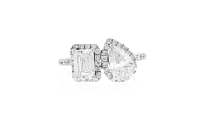 2.50 ct. t.w. Emerald-Cut and Pear-Shaped Lab-Grown Diamond Toi et Moi Ring in 14kt White Gold