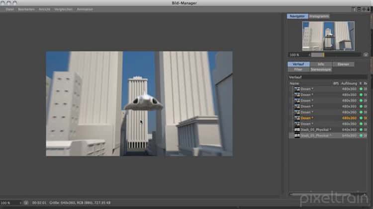 pixeltrain.de Rundflug Cinema 4D R13 03 Physikalischer Renderer in der Animation