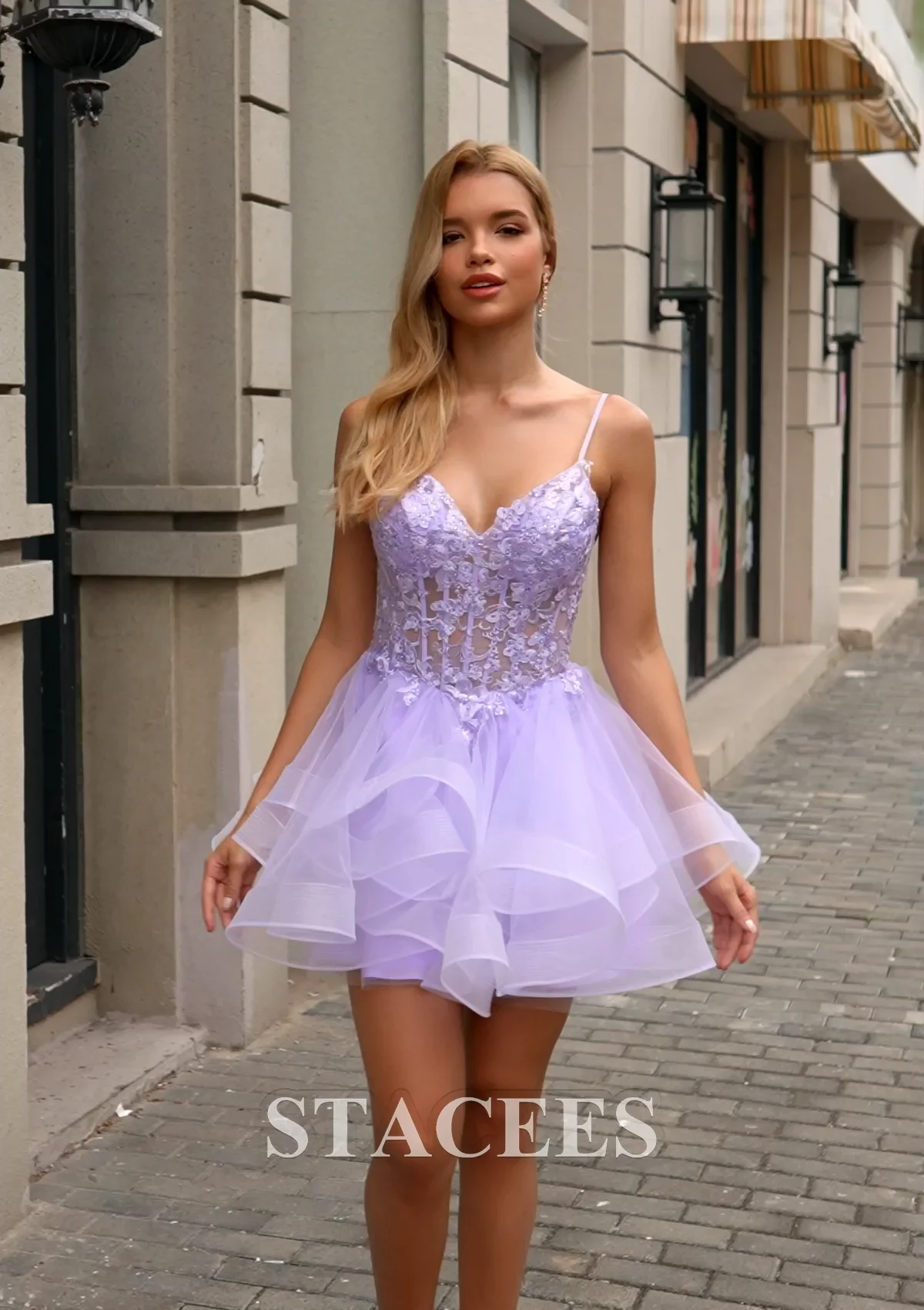knee length dresses for ladies Lilac Glitter Heart Tulle Mini Dress with Puff Sleeves Other / Above Knee / US2 main image 1