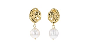 11-11.5mm Cultured Baroque Pearl Hammered Drop Earrings in 18kt Gold Over Sterling