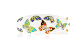 3.00 ct. t.w. White Topaz and Multicolored Enamel Butterfly Bangle Bracelet in 18kt Gold Over Sterling