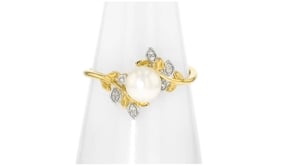 6-6.5mm Cultured Pearl Leaf Ring with Diamond Accents in 14kt Yellow Gold