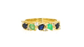 40 ct. t.w. Sapphire and .20 ct. t.w. Emerald Ring with .10 ct. t.w. White Topaz in 18kt Gold Over Sterling