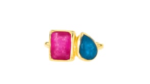 2.10 Carat Pink Quartz and 1.10 Carat Blue Quartz Toi et Moi Ring in 18kt Gold Over Sterling