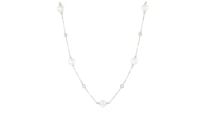 6-7mm Cultured Pearl and .30 ct. t.w. Diamond Station Necklace in 14kt White Gold