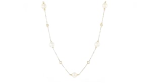 6-7mm Cultured Pearl and .30 ct. t.w. Diamond Station Necklace in 14kt Yellow Gold