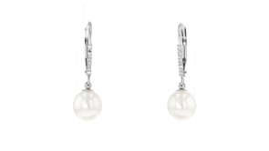 7-7.5mm Cultured Pearl Drop Earrings with Diamond Accents in 14kt White Gold