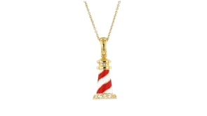 Red and White Enamel Lighthouse Pendant Necklace with .10 ct. t.w. White Topaz in 18kt Gold Over Sterling