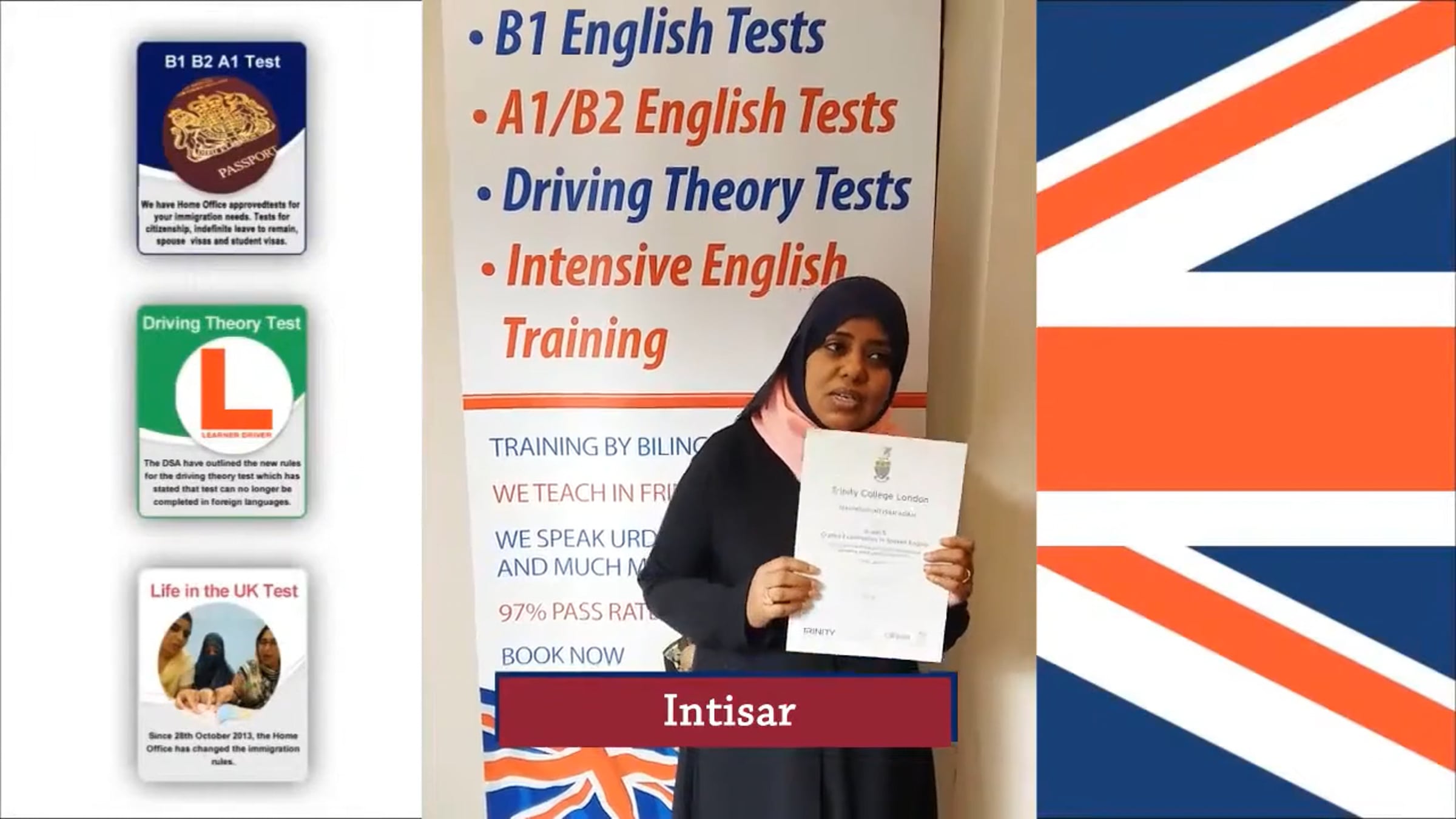 Intisar has passed her B1 English test