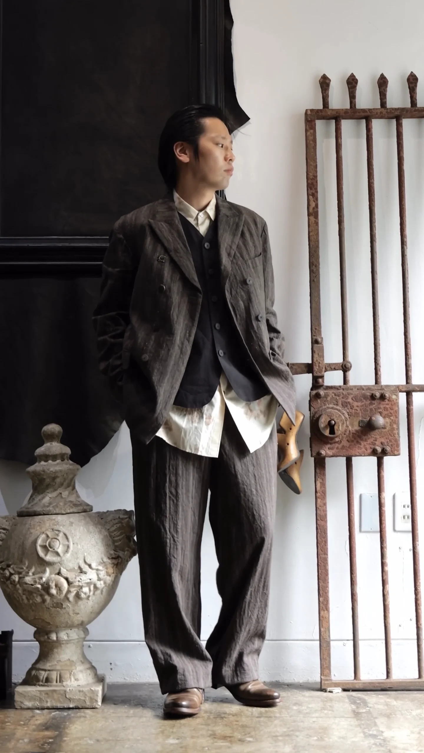 JACKET013. Double Breasted Sack Coat Random Herringbone Stripe 