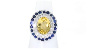 C. 1980 Vintage 3.75 Carat Yellow Beryl Ring with 1.10 ct. t.w. Sapphires and .55 ct. t.w. Diamonds in 14kt White Gold