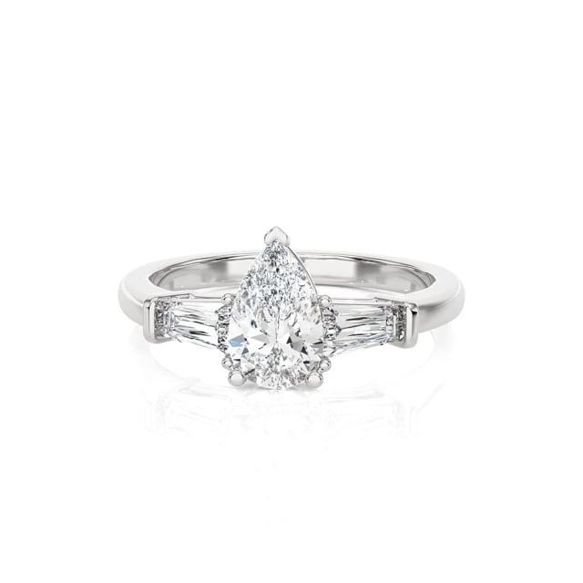 1.00 Karat Trilogie-Ring aus Platin mit laborgezüchtetem Tropfen-Diamant und laborgezüchteten konischen Baguettes
