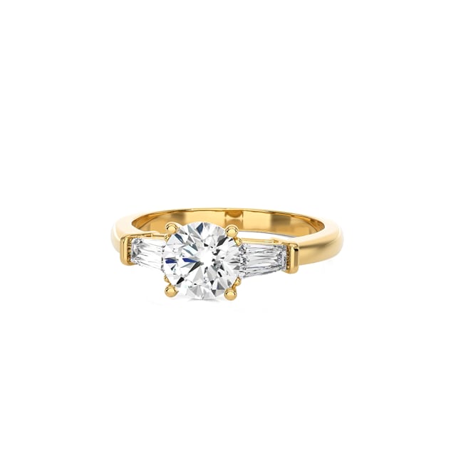 2.00 carat trilogy ring in yellow gold with round lab grown diamond and lab grown tapered baguettes