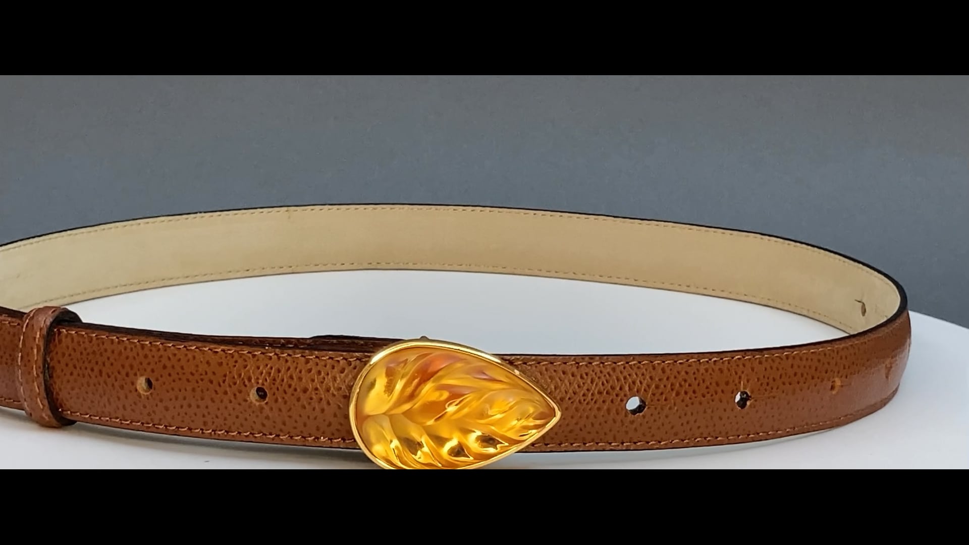 Lalique Amber Crystal Art Glass Leaf Buckle With Brown 