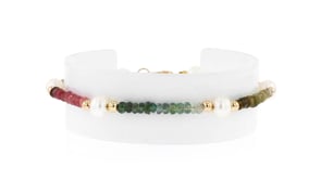 5-5.5mm Cultured Pearl and 7.75 ct. t.w. Multicolored Tourmaline Bead Bracelet with 14kt Yellow Gold