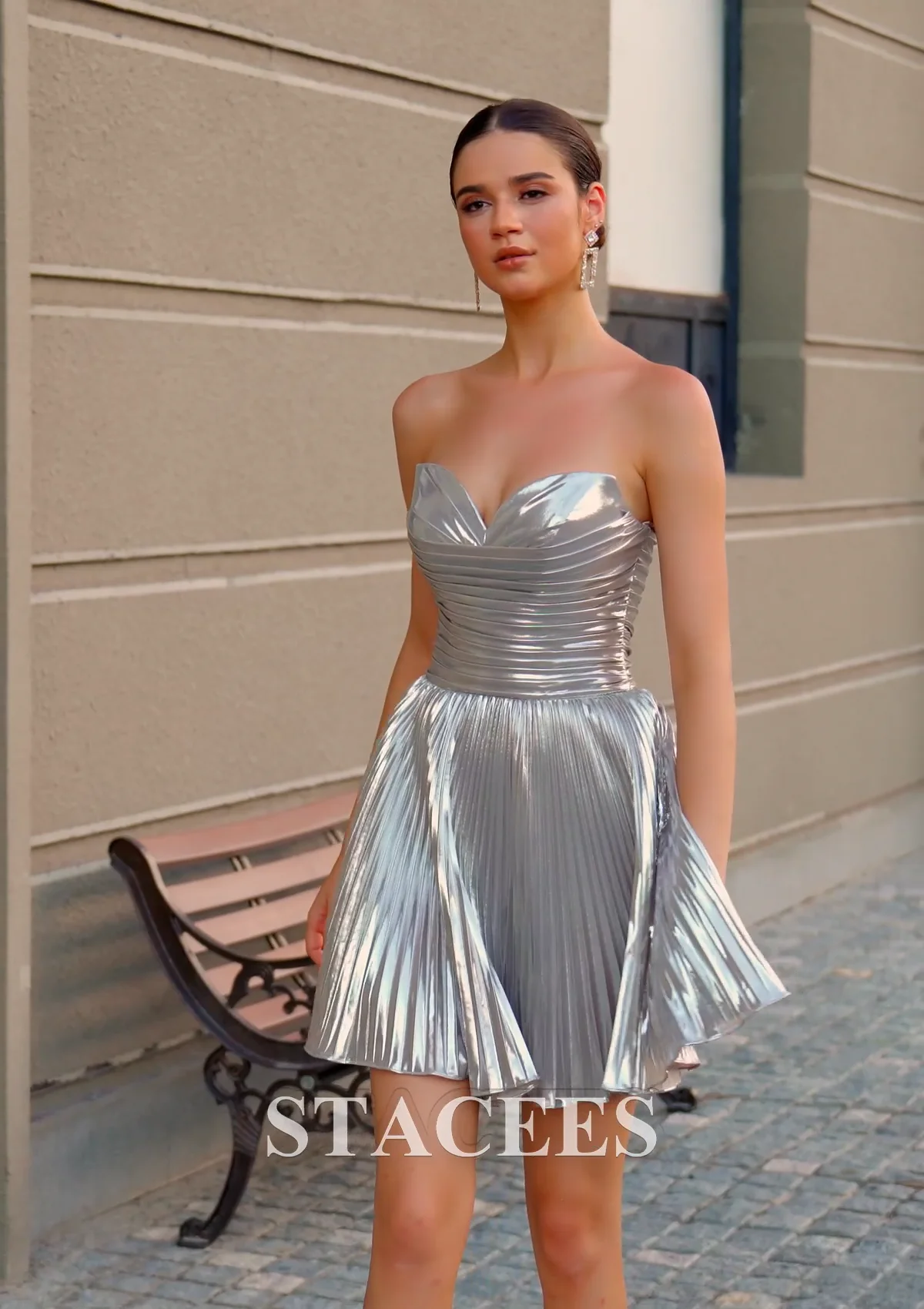 silver metallic dress Juliet 226 Long Formal Pleated Metallic Prom Dress main image 1