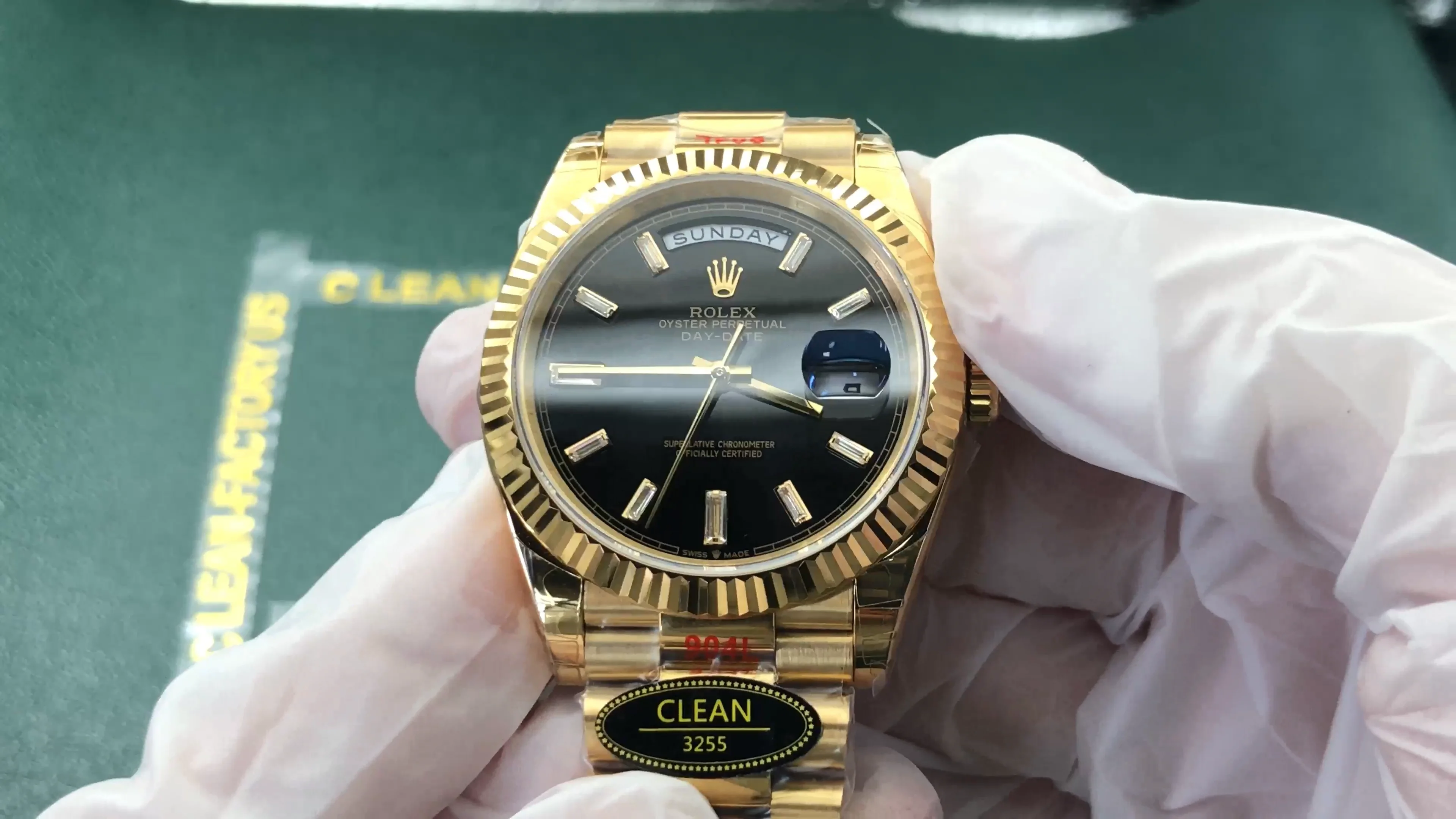 Clean Factory Rolex Day-Date 40mm 228238 President , Black Dial with Baguette Diamonds, Gold Fluted Bezel, 18K Gold wrapped 904L Steel, Best Edition 3255 Movement - CLEAN FACTORY OFFICIAL WEBSITE – BEST Clean Factory Rolex Day-Date 40mm 228238 President , Black Dial with Baguette Diamonds, Gold Fluted Bezel, 18K Gold wrapped 904L Steel, Best Edition 3255 Movement - CLEAN FACTORY OFFICIAL WEBSITE – BEST
